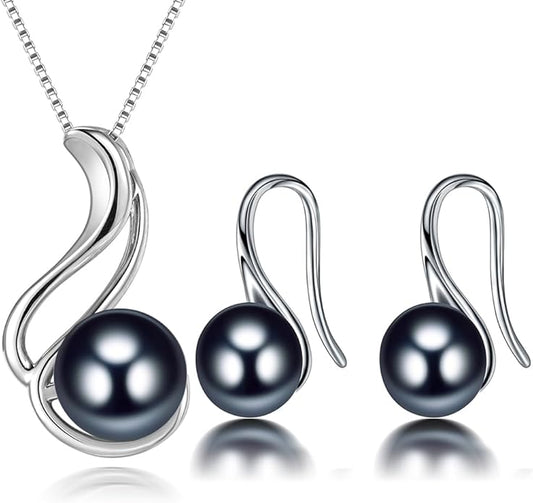 Pearl Jewelry Set For Women 925 Sterling Silver Necklace Pearl Pendant & Pearl Earrings Freshwater Pearl Drop Jewelry Set for Wedding Prom Gift