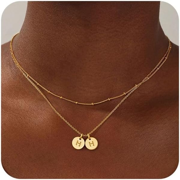 Turandoss Gold Initial Necklaces for Women - Dainty 14K Gold Plated Layered Two Letter A-Z Stack Disc Initial Necklace Trendy, Birthday Personalized Gifts for Women Teen Girls Jewelry