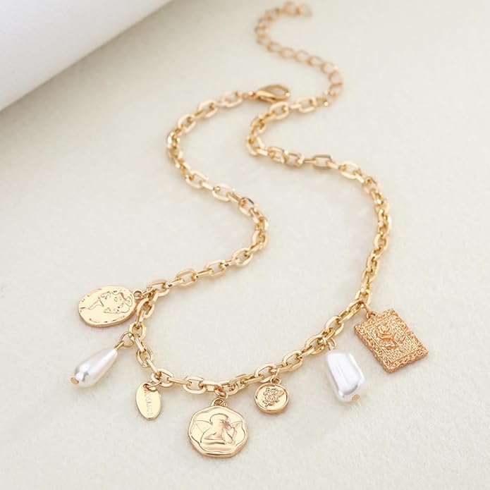 Charm Necklace for Women Gold Evil Eye Sun Moon Flower Coin Pendant Necklace Dainty Paperclip Chain Vintage Luck Amulet Choker Necklaces Celestial Jewelry Gift