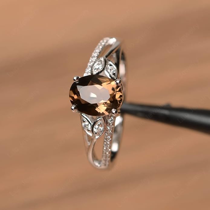 925 Sterling Silver Oval Shaped 8X6 MM Gemstone Ring Leaf Engagement Ring for Women Jewelry