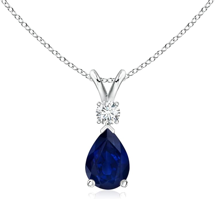 Angara Natural 0.75 Carat Blue Sapphire Teardrop Pendant Necklace for Women with Diamond in 14K White Gold With 18 Inch Chain | September Birthstone Jewelry Gift