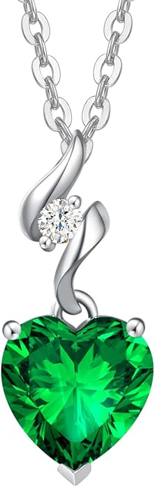 AGVANA 14K Solid White Gold Diamond Gemstone Pendant with Sterling Silver Chain 8mm Heart Birthstone Necklace Fine Jewelry Anniversary Birthday Gifts for Women Mom Wife