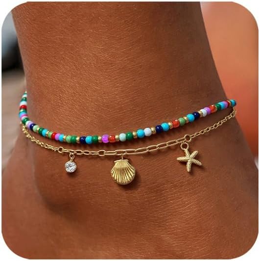 2/3 PCS Gold Anklets for Women Waterproof Boho Starfish, Seashell, Heart & Butterfly Charms Ankle Bracelets Non Tarnish Adjustable Layered Cuban Beaded Foot Chain Beach Jewelry for Summer Vacations