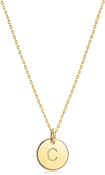 Bemoly Initial Necklace for Women Round 11MM Coin Disc Double Side Engraved Letter A-Z Hammered Pendant 14K Gold Plated Personalized Alphabet Birthday Jewelry 17.5"