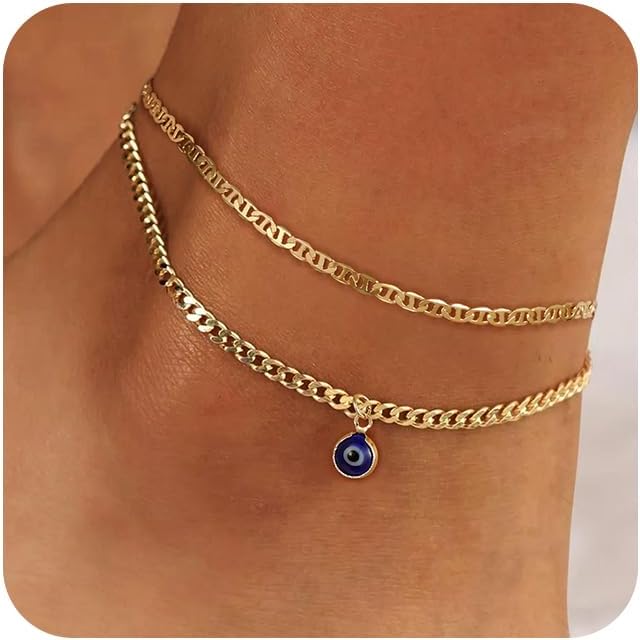 Ritach Ankle Bracelets for Women - Stainless Steel Silver/Gold Anklets for Women Waterproof Layered Cuban Link Figaro Chain Heart Anklets Set Summer Beach Jewelry Gifts