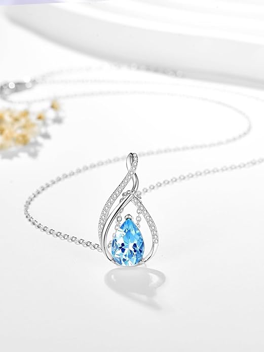 Teardrop Birthstone Necklace for Women 925 Sterling Silver Pear-Shaped Pendant Anniversary Mother's Day Birthday Jewelry Gifts for Her