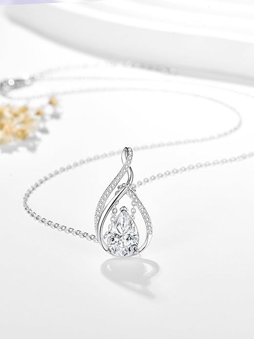 Teardrop Birthstone Necklace for Women 925 Sterling Silver Pear-Shaped Pendant Anniversary Mother's Day Birthday Jewelry Gifts for Her