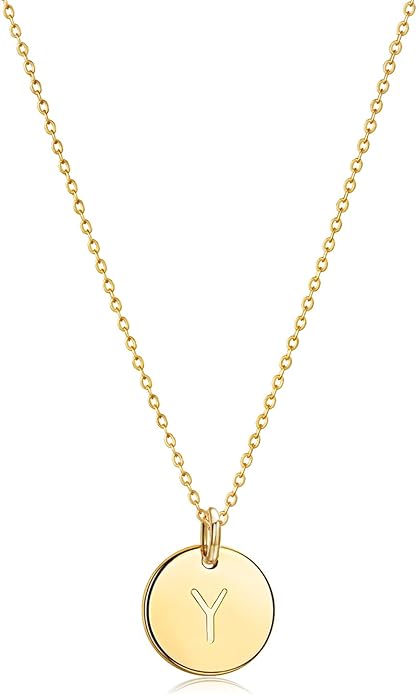 Bemoly Initial Necklace for Women Round 11MM Coin Disc Double Side Engraved Letter A-Z Hammered Pendant 14K Gold Plated Personalized Alphabet Birthday Jewelry 17.5"