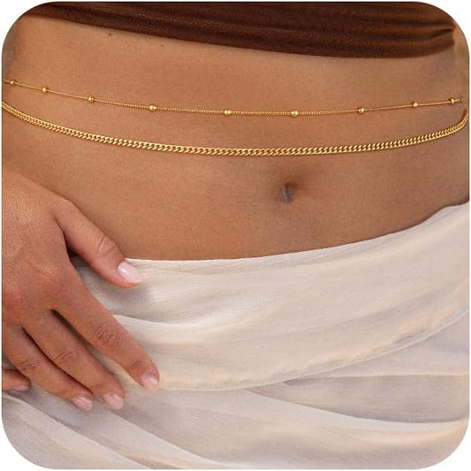Body Chain for Women 14K Gold Plated Waist Beads Chain Gold Belly Belt Body Chains Waterproof Adjustable Sexy Bikini Beach Body Jewelry Daily Belts Gifts for Women 26.5-33Inch