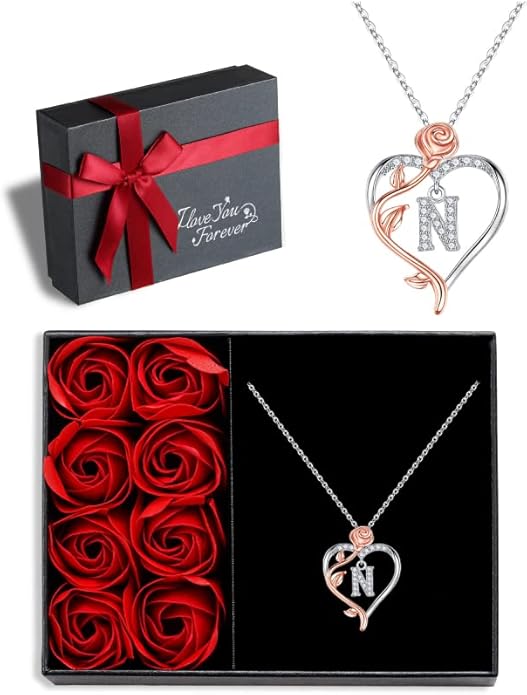 Iefil Rose Heart Necklaces Gifts for Women - 925 Sterling Silver Rose Heart Initial Necklace, Anniversary Birthday Gifts for Women, Jewelry Gift for Her Wife Girlfriend Mom Daughter