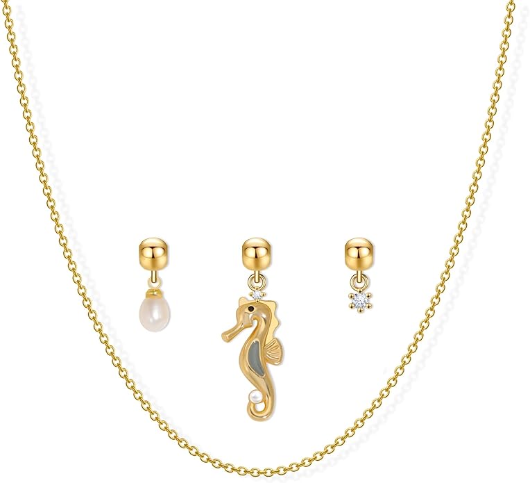 Summer Holiday Necklace,Dainty Chain, Charm Necklace For Women,Cute Cat Charm,Natural Pearls,18k Gold Plated,Choose Your Favorite Charm, Change Easily