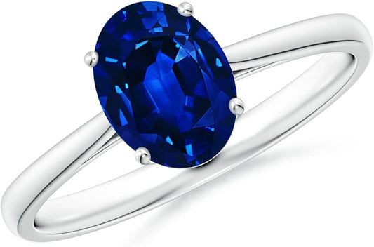 Angara Natural Blue Sapphire Solitaire Engagement Ring for Women | Oval Shape Blue Sapphire Ring in 14K Solid Gold/Sterling Silver/Platinum | September Birthday, Gemstone Jewellery Gift