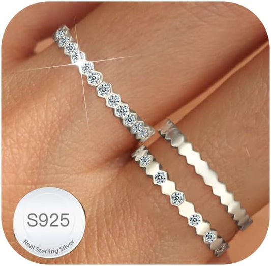 WEDDINEN Stackable Sterling Silver Rings for Women Non Tarnish Dainty 14K Gold Plated Stack Thin Rings Cubic Zirconia Thumb Ring Set Statement Wedding Bands Engagement Rings Jewelry Gifts Size 6-10