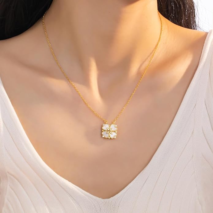 18K Gold Stainless Steel Gold Plated Necklace with Clove Hearts Charm - Can Be Worn Two Ways (Elegant A)