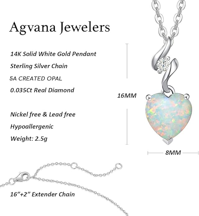 AGVANA 14K Solid White Gold Diamond Gemstone Pendant with Sterling Silver Chain 8mm Heart Birthstone Necklace Fine Jewelry Anniversary Birthday Gifts for Women Mom Wife