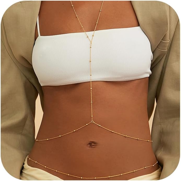 14K Gold Body Chains for Women, Sexy Layered Belly Waist Chain Bikini Bra Chain, Summer Beach Rhinestone Body Jewelry