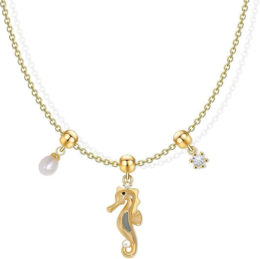 Summer Holiday Necklace,Dainty Chain, Charm Necklace For Women,Cute Cat Charm,Natural Pearls,18k Gold Plated,Choose Your Favorite Charm, Change Easily