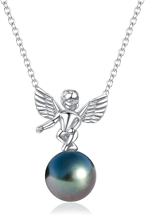 Black Pearl Necklaces for Women With Genuine AAAA Quality Real Tahitian Cultured Pearl Pendant With Angels Design | 18K Gold Plated 925 Sterling Silver Necklace