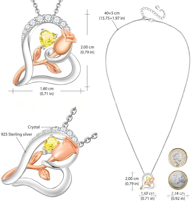 Rose Flower Heart Birthstone Necklaces for Women, 925 Sterling Silver Anniversary Jewelry, Pendant Heart Necklaces Birthday Anniversary Christmas Gift for Women Wife Mom Girlfriend Lady