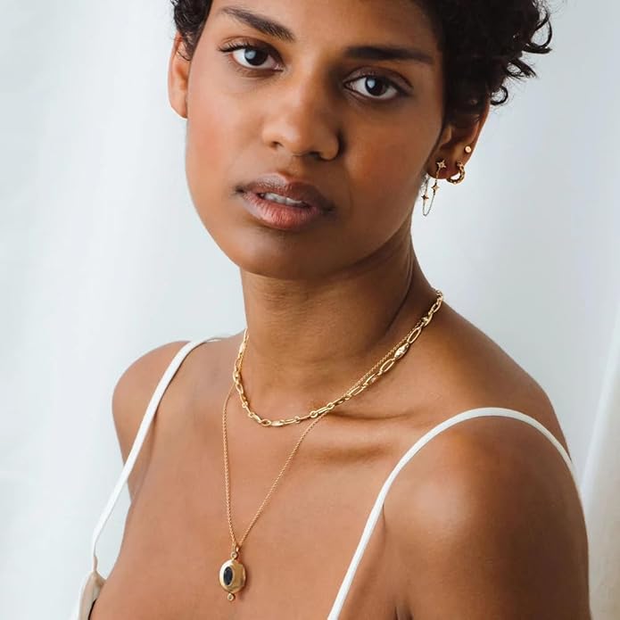 18k Gold Chain Link Necklace for Women, Baroque Pearl/Compass Pendant Necklace