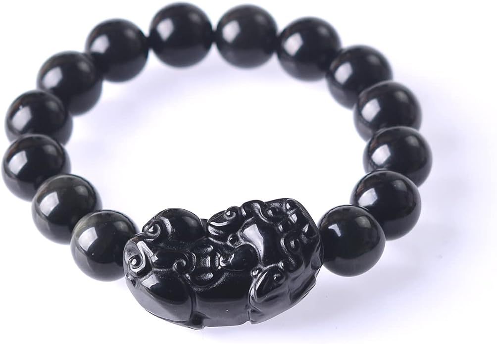 Black Obsidian Bracelet,Feng Shui Black Obsidian Wealth Bracelet for Women Men Stretch Obsidian Bracelet Bangle with Pixiu Tiger Eye Stone Attract Wealth Money and Good Luck