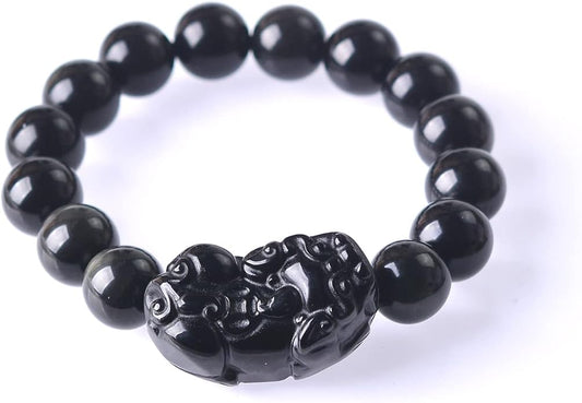 Black Obsidian Bracelet,Feng Shui Black Obsidian Wealth Bracelet for Women Men Stretch Obsidian Bracelet Bangle with Pixiu Tiger Eye Stone Attract Wealth Money and Good Luck