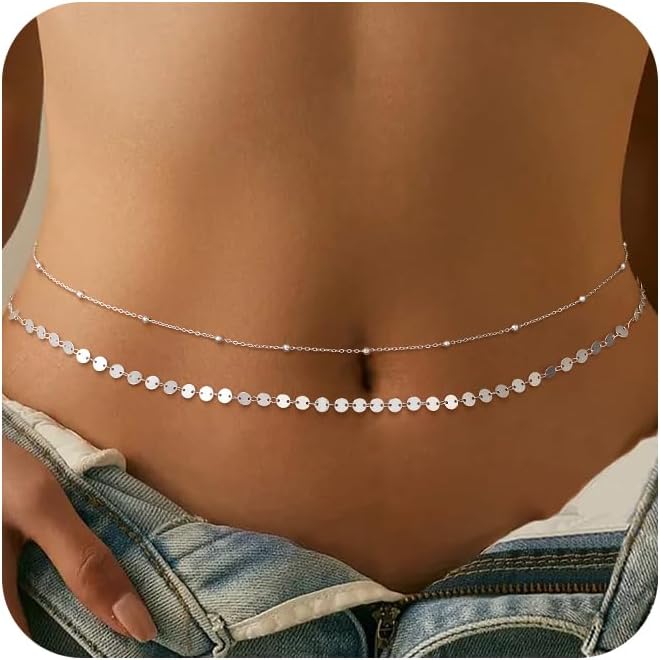 CHESKY Gold Waist Chain, 14K Gold Plated Belly Chain Adjustable Waterproof Body Chain Sexy Bikini Waist Beads for Women Satellite Beads Diamond Pearl Coin Chain Dainty Body Chain Jewelry for Women