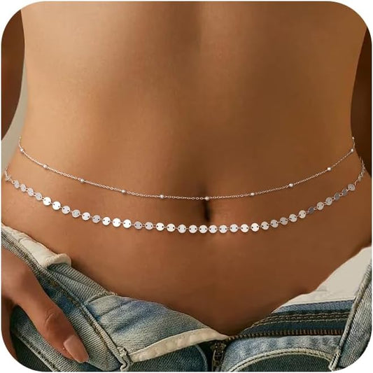 CHESKY Gold Waist Chain, 14K Gold Plated Belly Chain Adjustable Waterproof Body Chain Sexy Bikini Waist Beads for Women Satellite Beads Diamond Pearl Coin Chain Dainty Body Chain Jewelry for Women