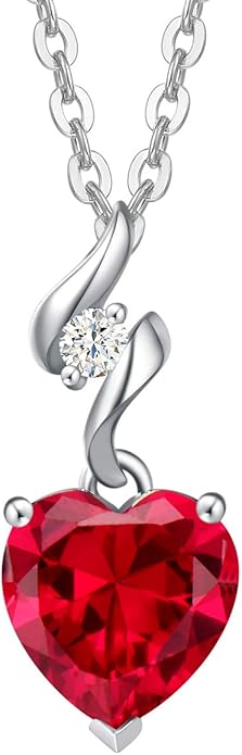 AGVANA 14K Solid White Gold Diamond Gemstone Pendant with Sterling Silver Chain 8mm Heart Birthstone Necklace Fine Jewelry Anniversary Birthday Gifts for Women Mom Wife