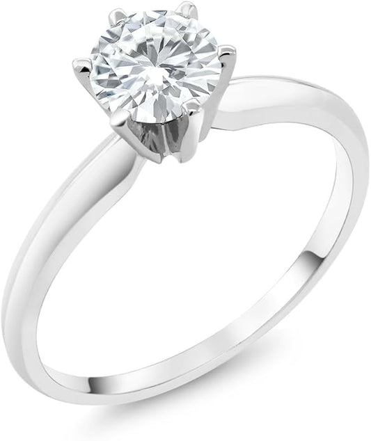 Gem Stone King 14K White Gold Moissanite Solitaire Engagement Ring For Women | 0.80 Cttw | Round 6MM | Gold Ring For Women | Available In Size 5,6,7,8,9