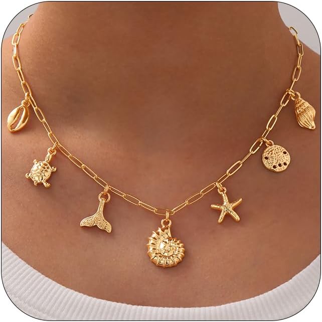 Charm Necklace for Women, 14K Gold Plated Shell Sun Starfish Summer Beach Necklace 16+3" Paperclip Chain Jewelry Gifts