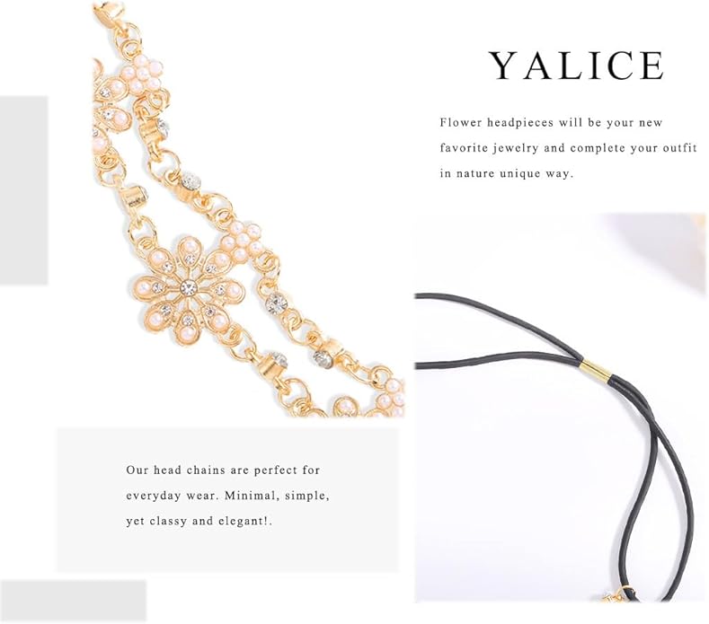 Yalice Indian Flower Head Chain Jewelry Gold Crystal Headband Elastic Goddess Headpieces Rhinestone Wedding Hair Chain Jewelry for Women(Gold-1)