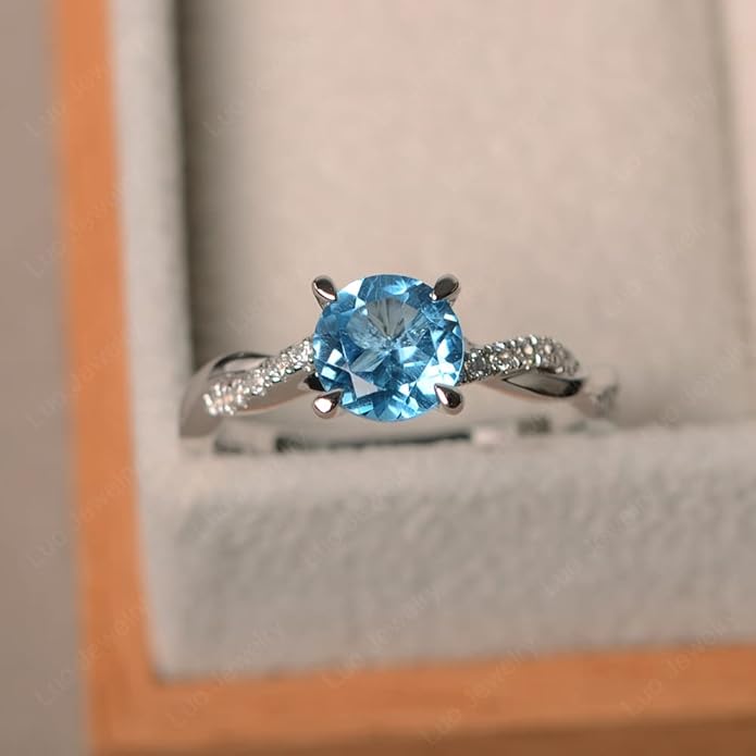 LUO 925 Sterling Silver 7x7mm Round Cut Gemstone Birthstone Rings for Women, Twist Infinity Engagement Ring Birthstone Jewelry Anniversary Wedding Promise for Lady Size 3-13