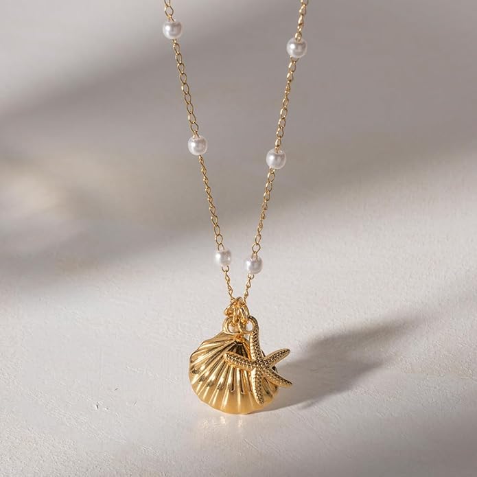 Charm Necklace for Women Pearl Starfish Seashell 14k Gold Summer Beach Surfer Jewelry Necklace Gifts