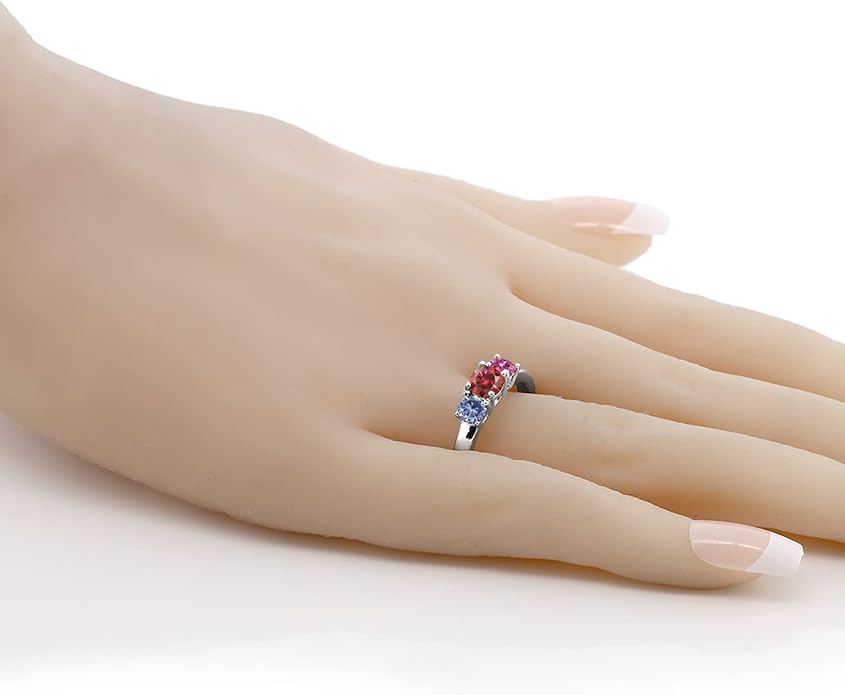 Gem Stone King 925 Sterling Silver Customized and Personalized 3 Gemstone Birthstone Name Engraved Ring For Women | Round 5MM and 4MM | Available In Size 5, 6, 7, 8, 9