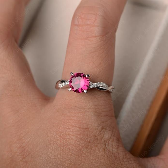 LUO 925 Sterling Silver 7x7mm Round Cut Gemstone Birthstone Rings for Women, Twist Infinity Engagement Ring Birthstone Jewelry Anniversary Wedding Promise for Lady Size 3-13