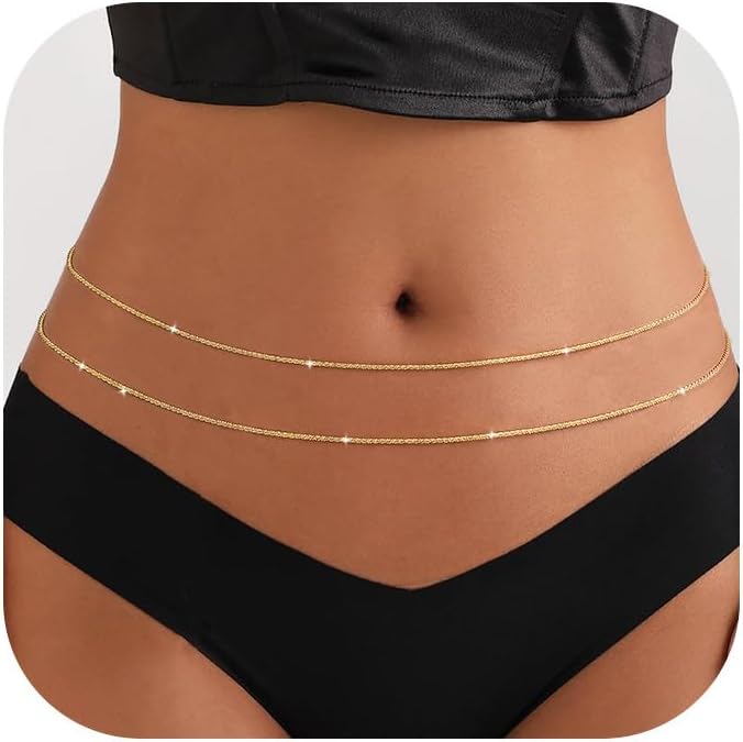 MOODEAR 2PCS Waist Chain for Women - Waterproof 14K Gold Plated/Silver Layered Belly Beads Chains with Drop Cubic Zirconia Body Chain Jewelry Sexy Bikini Belt Gift for Summer Beach