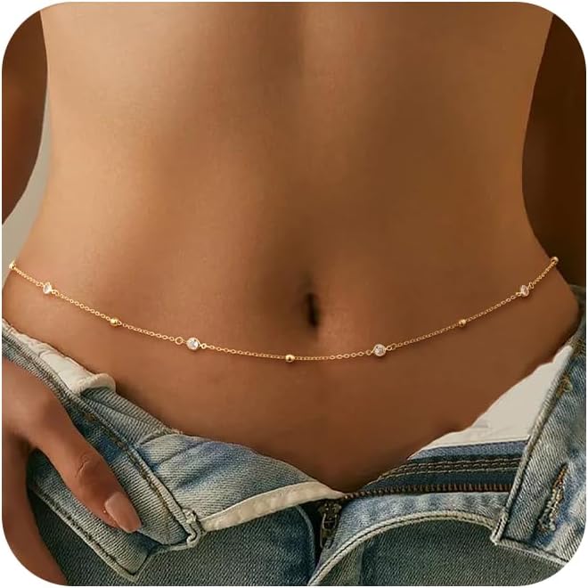 CHESKY Gold Waist Chain, 14K Gold Plated Belly Chain Adjustable Waterproof Body Chain Sexy Bikini Waist Beads for Women Satellite Beads Diamond Pearl Coin Chain Dainty Body Chain Jewelry for Women