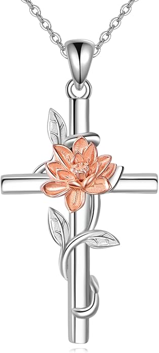 Flower Cross Necklace 925 Sterling Silver Carnation/Rose/Lily/Daisy Cross Necklace Birth Flower Jewelry for Women