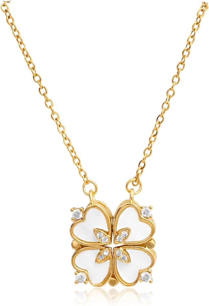 18K Gold Stainless Steel Gold Plated Necklace with Clove Hearts Charm - Can Be Worn Two Ways (Elegant A)