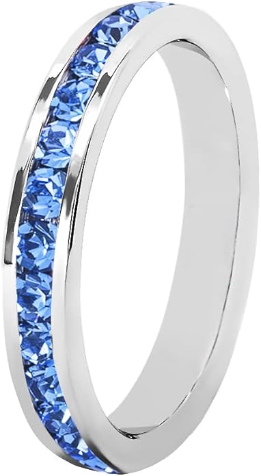 Muses Art Design Birthstone Eternity Band Ring (Channel Set/Full Round), Stackable Fashion Ring with Crystal Birthstone