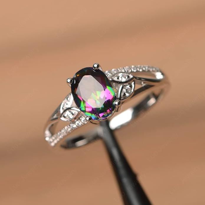 925 Sterling Silver Oval Shaped 8X6 MM Gemstone Ring Leaf Engagement Ring for Women Jewelry