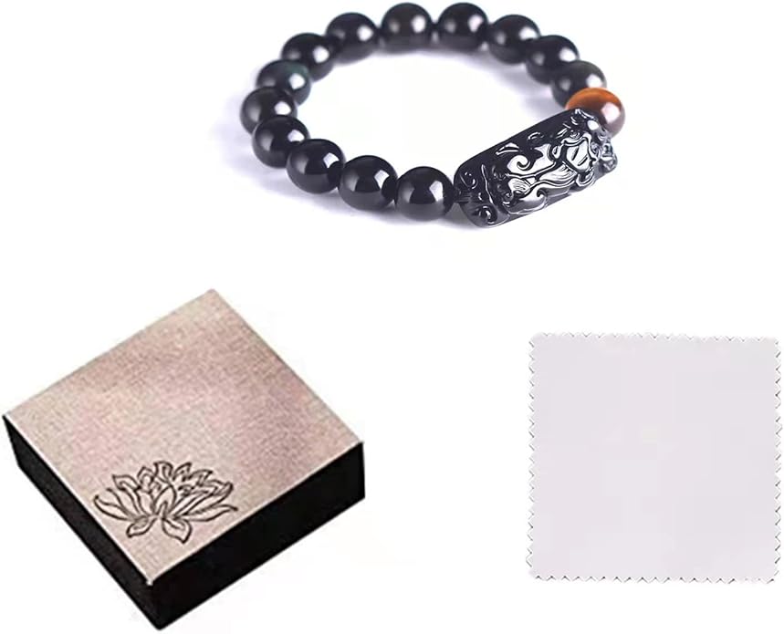 Black Obsidian Bracelet,Feng Shui Black Obsidian Wealth Bracelet for Women Men Stretch Obsidian Bracelet Bangle with Pixiu Tiger Eye Stone Attract Wealth Money and Good Luck