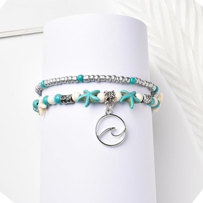 Starain Blue Turtle Anklets for Women Multilayer Beads Handmade Beach Ankle Bracelet Set Boho Foot Jewelry