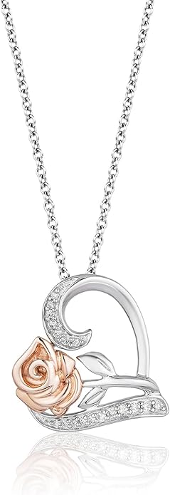 Jewelili Enchanted Disney Fine Jewelry Belle Rose in Heart Pendant Necklace for Women | 14K Rose Gold over Sterling Silver | 1/10 CTTW Diamonds | 18" Cable Chain | Disney Princess Gifts for Her