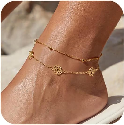 2/3 PCS Gold Anklets for Women Waterproof Boho Starfish, Seashell, Heart & Butterfly Charms Ankle Bracelets Non Tarnish Adjustable Layered Cuban Beaded Foot Chain Beach Jewelry for Summer Vacations