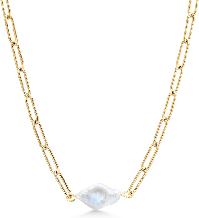 Gem Stone King Shell Pearl Paperclip Link Chain Yellow Gold Plated Stainless Steel Pendant Necklace For Women (Pearl: 14X9MM and Chain: 18 Inch = 16 + 2 Inch Length)