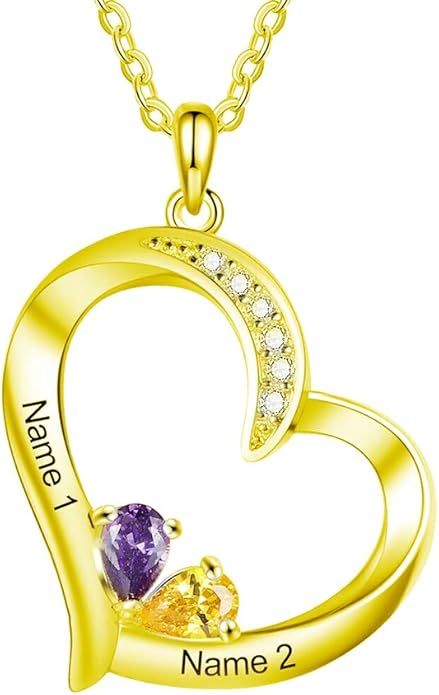10K 14K 18K Gold Natural Diamond Personalized Mother Name Necklace with 1-6 Birthstones Sterling Silver Custom Heart Name Necklace for Women Mom Grandmother Wife Friend Gifts for Mother's Day