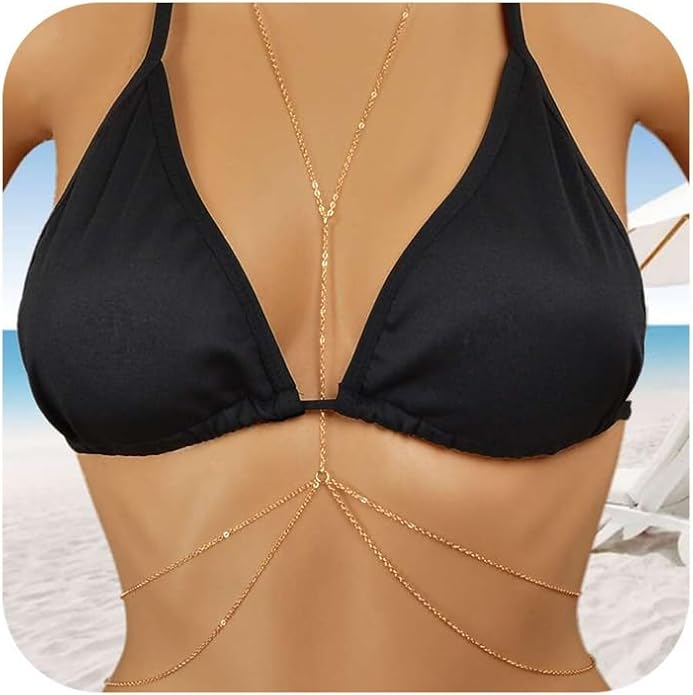 14K Gold Body Chains for Women, Sexy Layered Belly Waist Chain Bikini Bra Chain, Summer Beach Rhinestone Body Jewelry