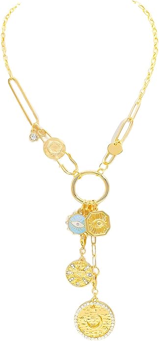 Chunky Retro Heart Necklace for Women Antique Layer Beach Ocean Moon Stars Western Boho Charm Necklaces Retro Link Chain Jewelry